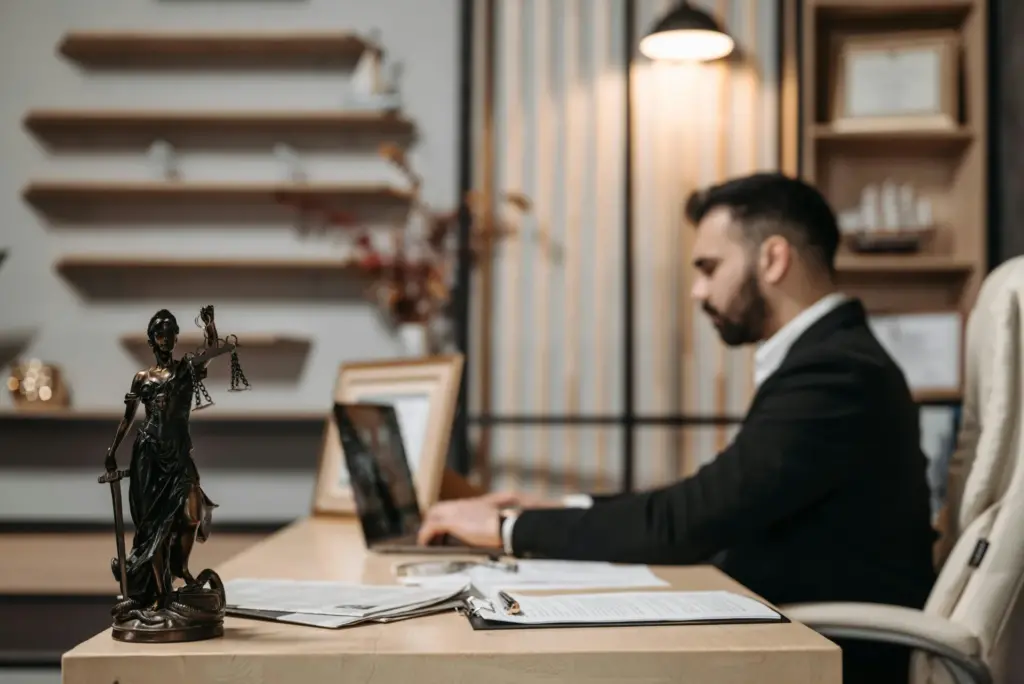 Avvocato al lavoro con documenti legali su una scrivania, con focus su gestione fiscale e apertura partita IVA.