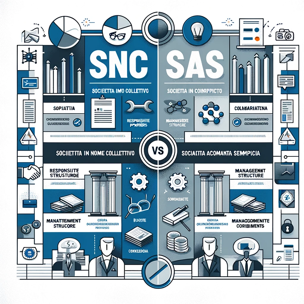 Società in Nome Collettivo vs. Società in Accomandita Semplice: Differenze e Caratteristiche Infografica comparativa tra società in nome collettivo (SNC) e società in accomandita semplice (SAS), con dettagli su responsabilità, struttura gestionale e ruoli dei soci.