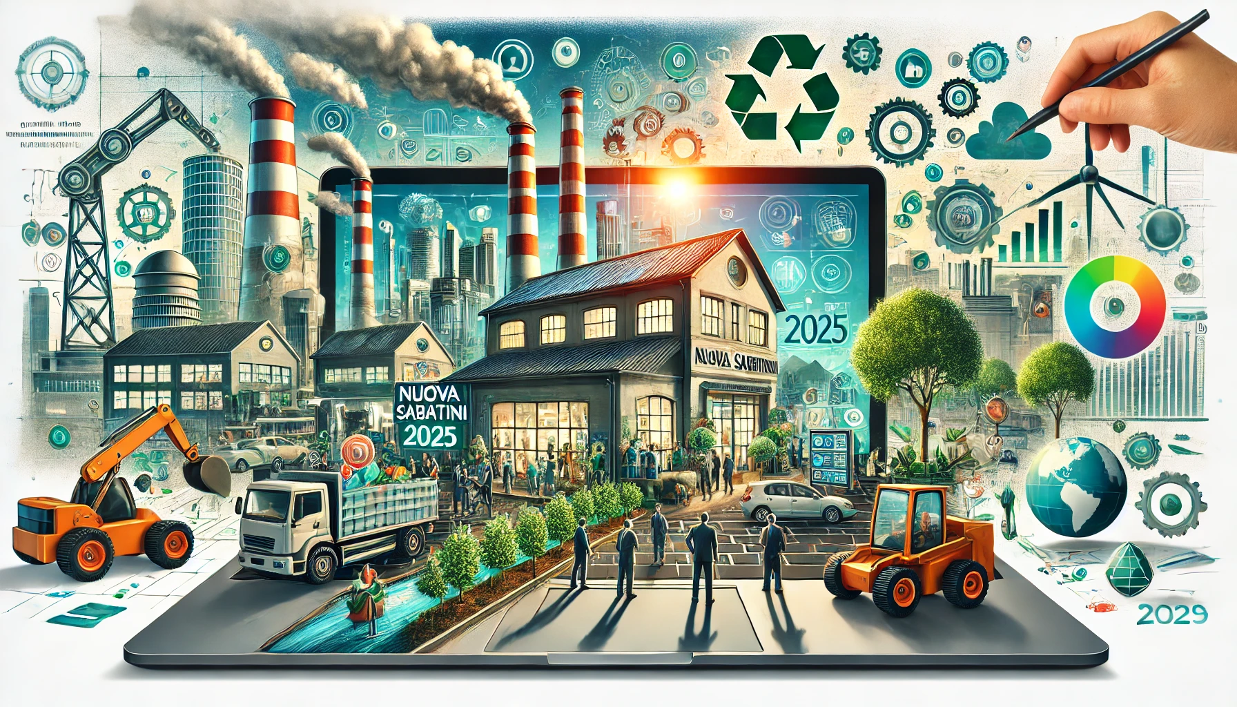 Nuova Sabatini 2025: Incentivi per PMI in Digitalizzazione e Sostenibilità Illustrazione della Nuova Sabatini 2025 per PMI italiane, con focus su digitalizzazione, Industria 4.0, automazione e sostenibilità ambientale.