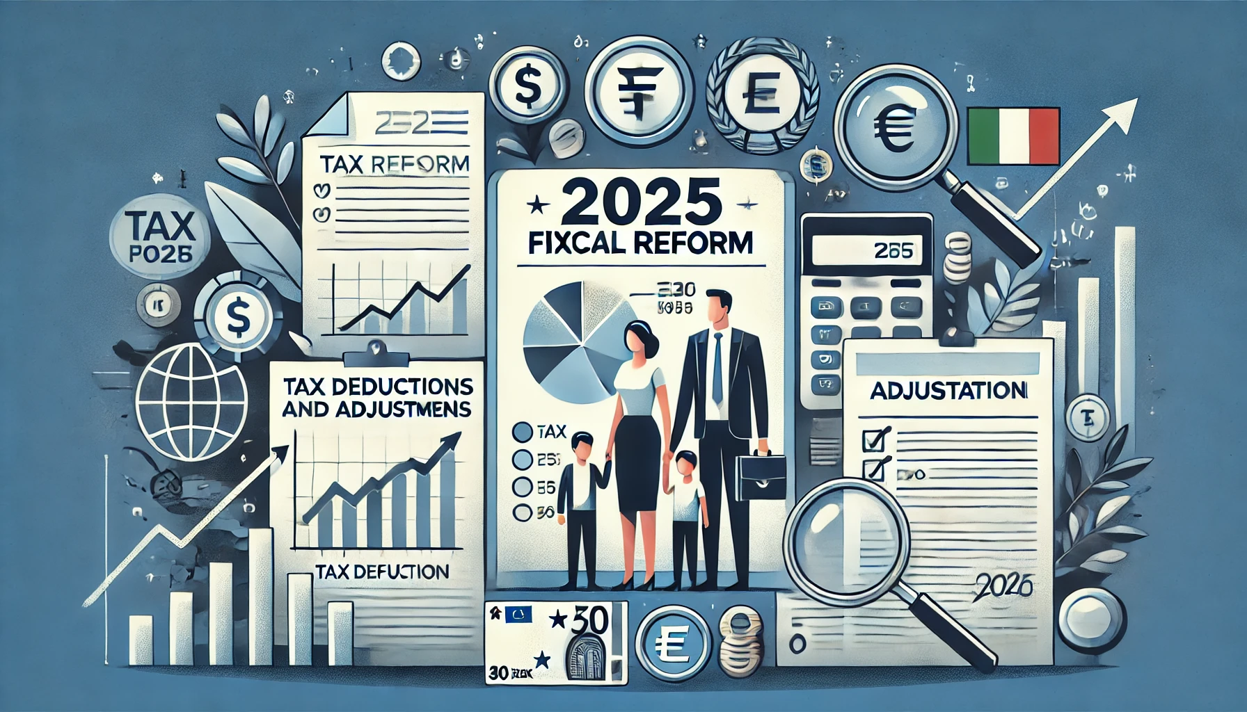 Riforma Fiscale 2025 in Italia – Riordino delle Detrazioni Fiscali Illustrazione della riforma fiscale 2025 in Italia con documenti finanziari, grafici e bandiera italiana. Concetto di detrazioni fiscali per redditi elevati.
