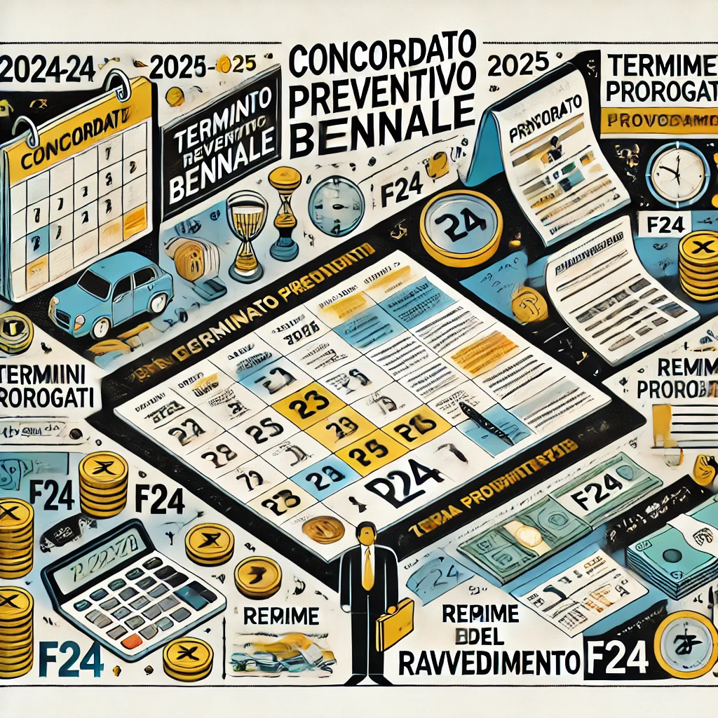Infografica del Concordato Preventivo Biennale, inclusi elementi come calendario 2024-2025, modulo F24, calcolatrice e persona che riflette sui termini prorogati e il regime del ravvedimento