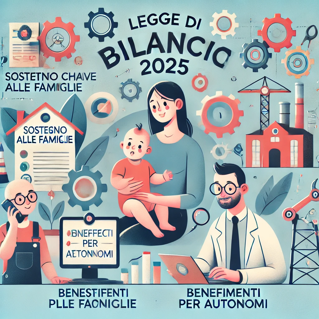 Illustrazione professionale che rappresenta i punti chiave della Legge di Bilancio 2025 italiana: sostegno alle famiglie, investimenti tecnologici e benefici per lavoratori autonomi.