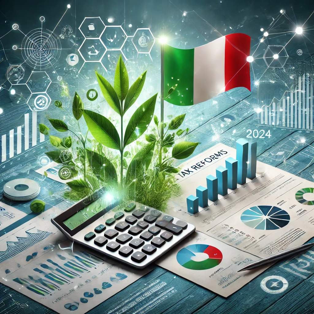 Illustrazione delle riforme fiscali italiane 2024 con grafici, documenti finanziari, simboli di sostenibilità e tecnologia, e bandiera italiana sullo sfondo.