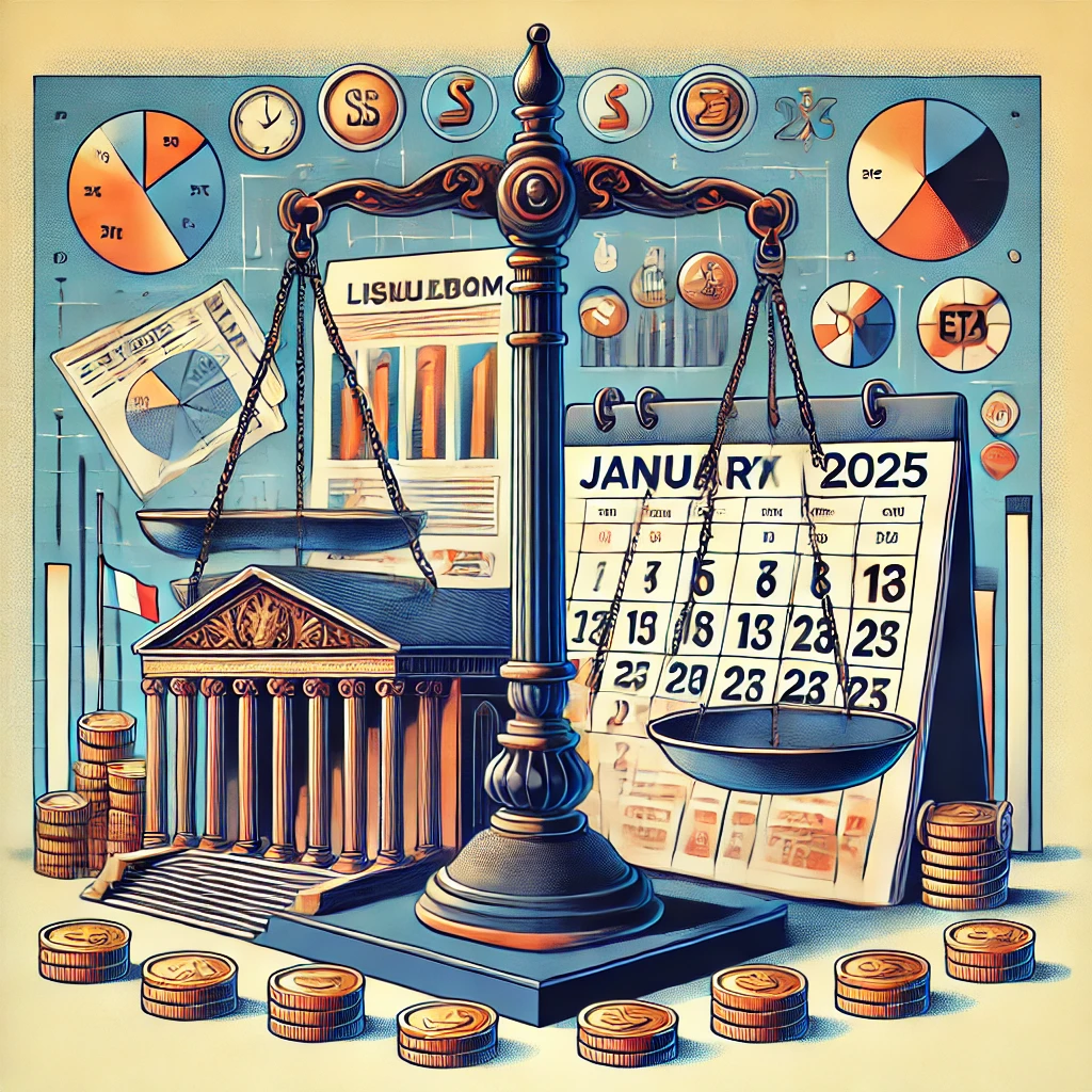 Illustrazione che rappresenta la riforma fiscale del 2025 in Italia, con una bilancia che simboleggia giustizia ed efficienza fiscale, documenti ufficiali, grafici finanziari, monete e un calendario che evidenzia gennaio 2025.
