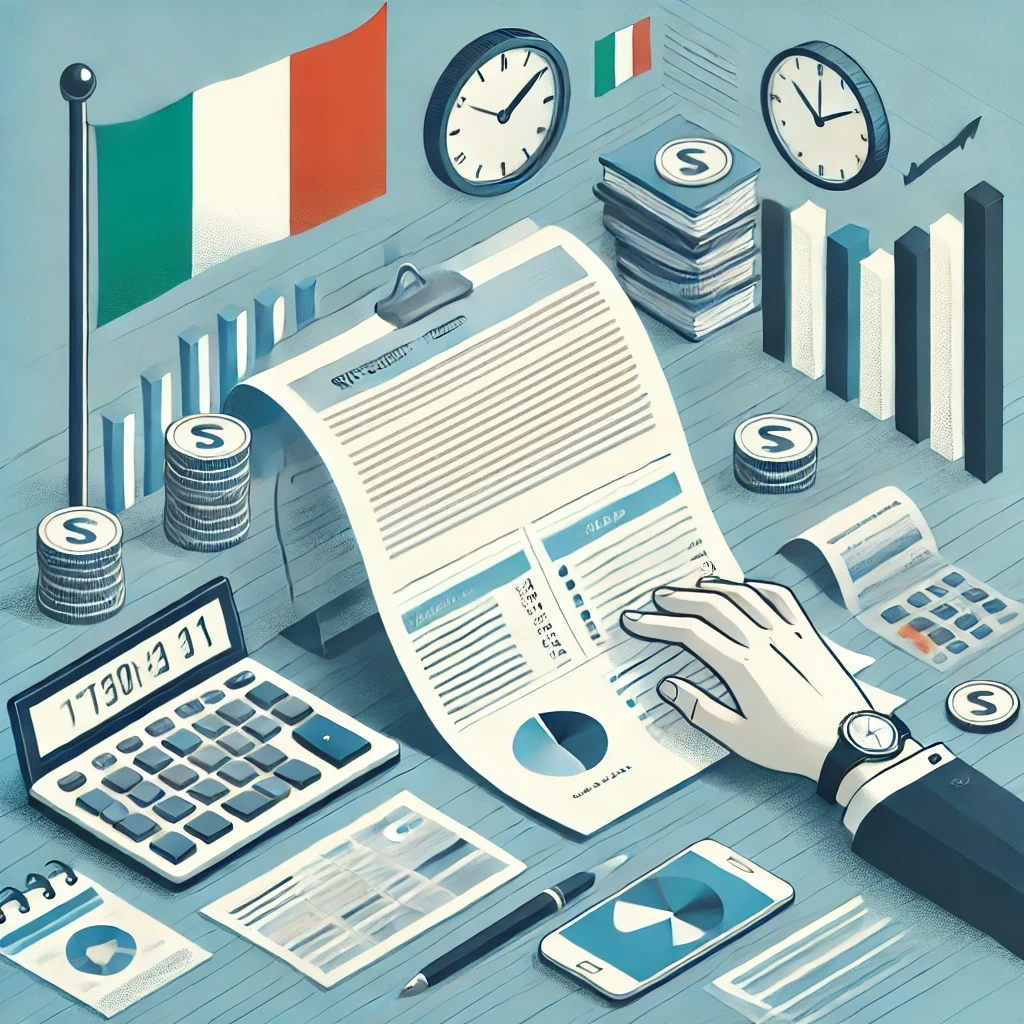 Aprire una Partita IVA in Italia: Guida Completa per Freelance e Imprese Illustrazione professionale di un contesto lavorativo legato alla Partita IVA in Italia, con elementi come documenti fiscali, grafici, un computer e una bandiera italiana in sottofondo. Ideale per rappresentare temi come lavoro autonomo, regime forfettario, e contabilità semplificata.