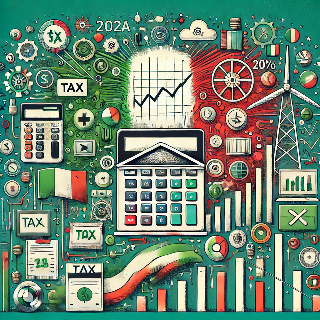 Illustrazione che rappresenta le riforme fiscali e gli incentivi introdotti dalla Legge di Bilancio 2025 in Italia, con simboli di tecnologia sostenibile, moduli fiscali e la bandiera italiana sullo sfondo.