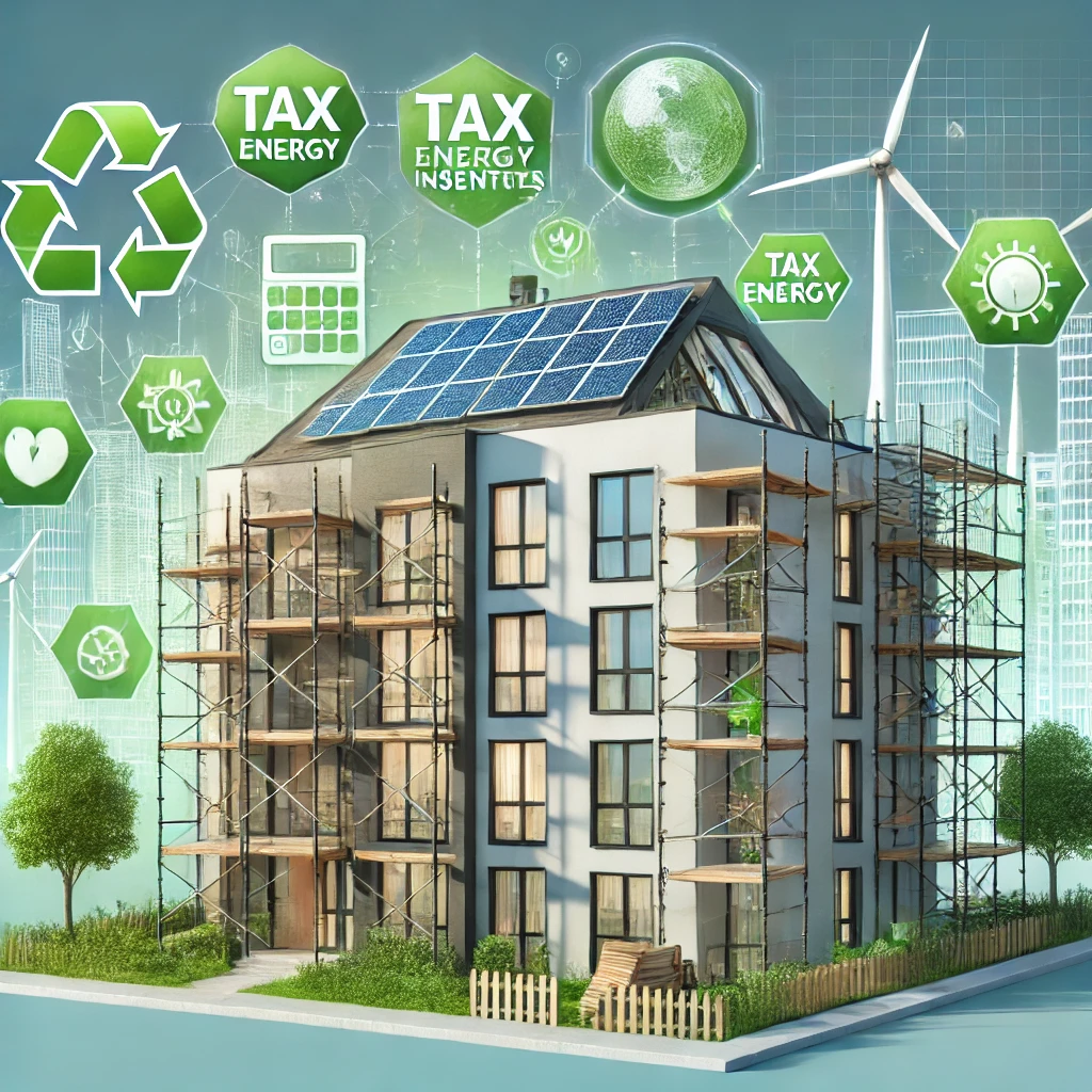 Superbonus 65%: Ristrutturazioni Sostenibili e Agevolazioni Fiscali Illustrazione di un edificio residenziale in ristrutturazione con simboli di energia sostenibile, come pannelli solari e turbine eoliche, che rappresentano il Superbonus 65% e le agevolazioni fiscali per il 2025