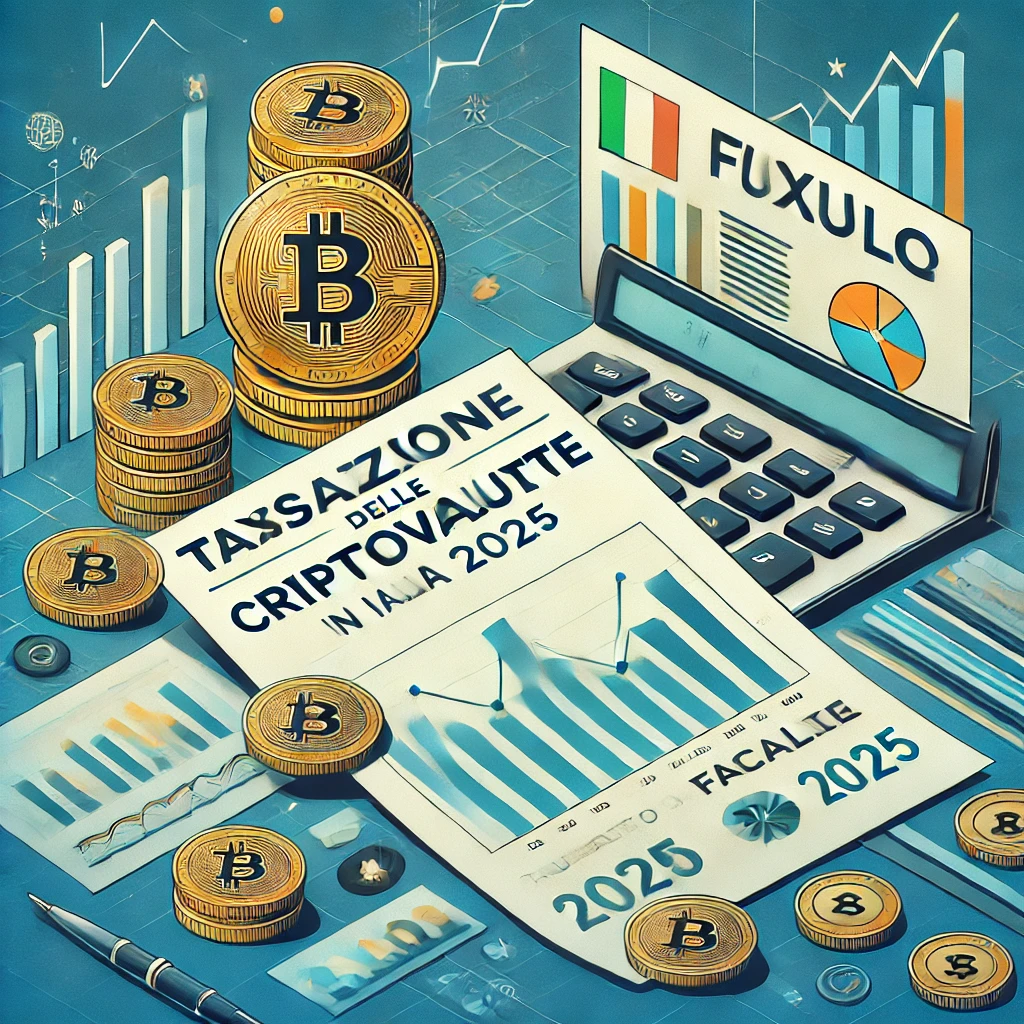 Tassazione Criptovalute Italia 2025: Bitcoin e Aliquote Rappresentazione della tassazione delle criptovalute in Italia per il 2025, con una moneta Bitcoin, un documento fiscale italiano e un grafico che mostra l'aumento delle aliquote, su uno sfondo tecnologico e finanziario.