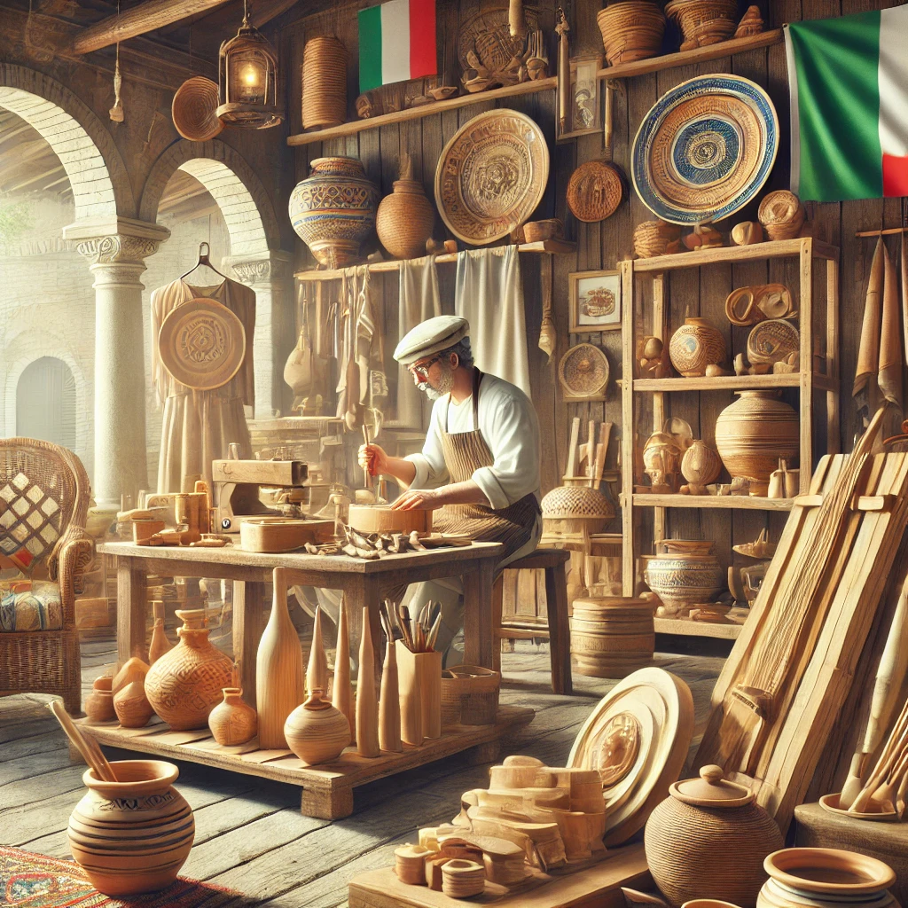 Laboratorio artigianale in Italia con un artigiano al lavoro su una panca di legno, circondato da prodotti fatti a mano come ceramiche, tessuti e oggetti in legno. Ambiente caldo e tradizionale con dettagli architettonici italiani.